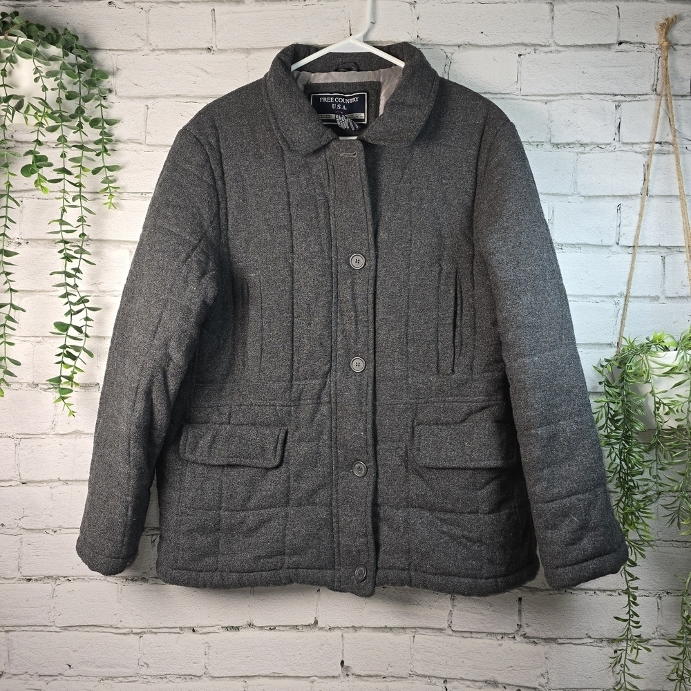 FREE COUNTRY USA WOOL BLEND GRAY QUILTED PUFFER COAT WOMENS LARGE EUC